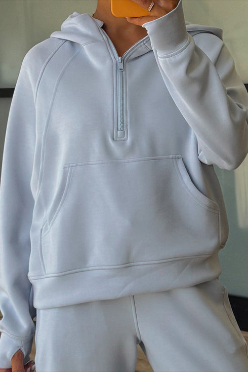 Half Zip Raglan Hoodie Thumbhole Wide Leg Pant Set